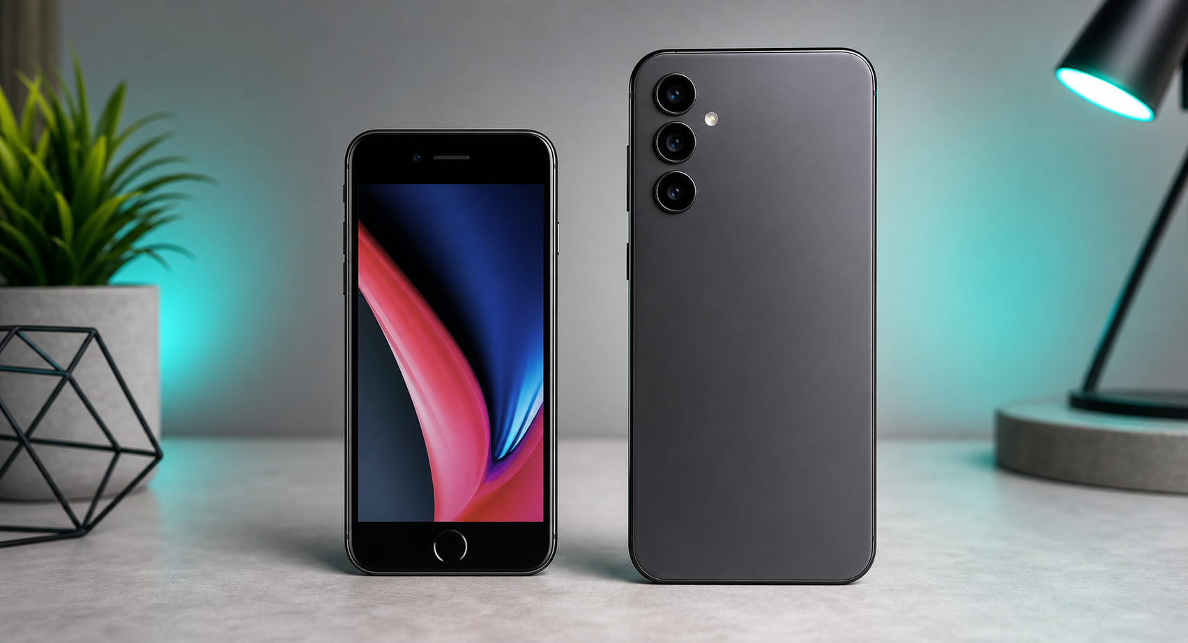 Imagem ilustrativa comparando um celular compacto estilo iPhone 8 com um Android maior estilo Galaxy A14