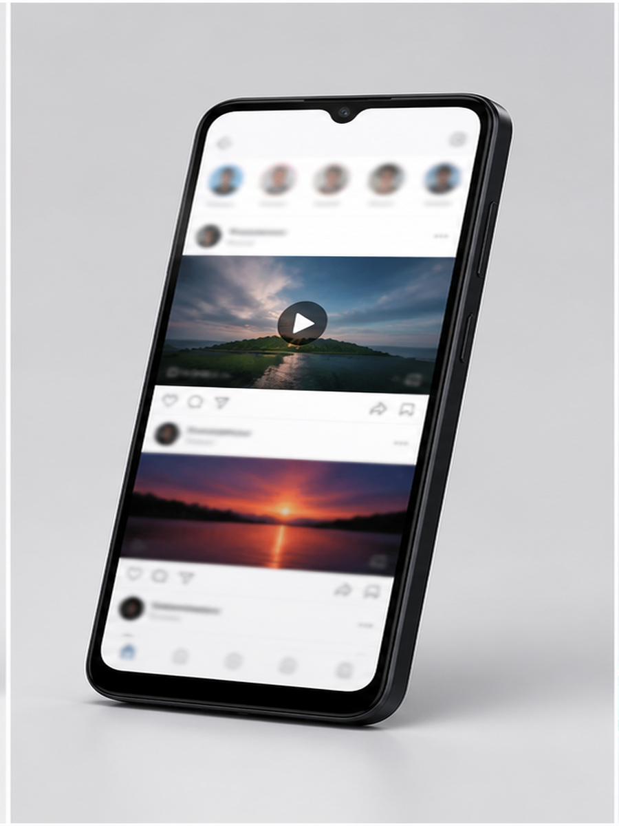 Tela do Samsung Galaxy A06 em uso com redes sociais e videos para compra ate R$ 800