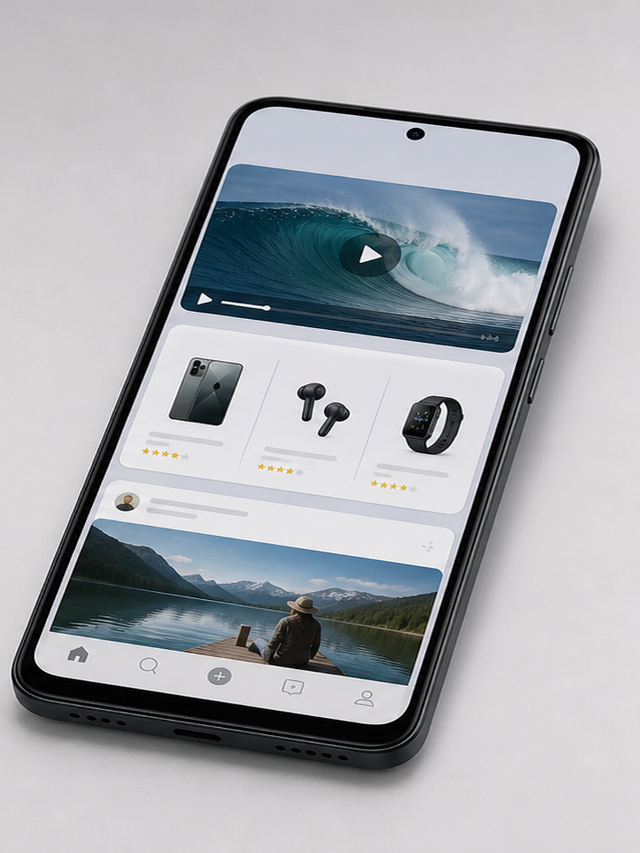 Tela do Redmi Note 14 com videos e redes sociais em guia de compra ate R$ 1.500